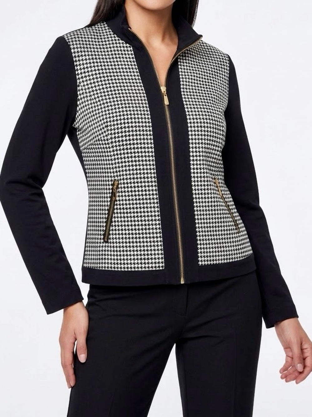 PETER NYGARD Black & White Houndstooth Plaid Front Zipper Jacket — #LHP